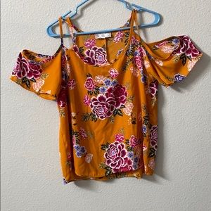 Yellow with flower print - cold shoulder